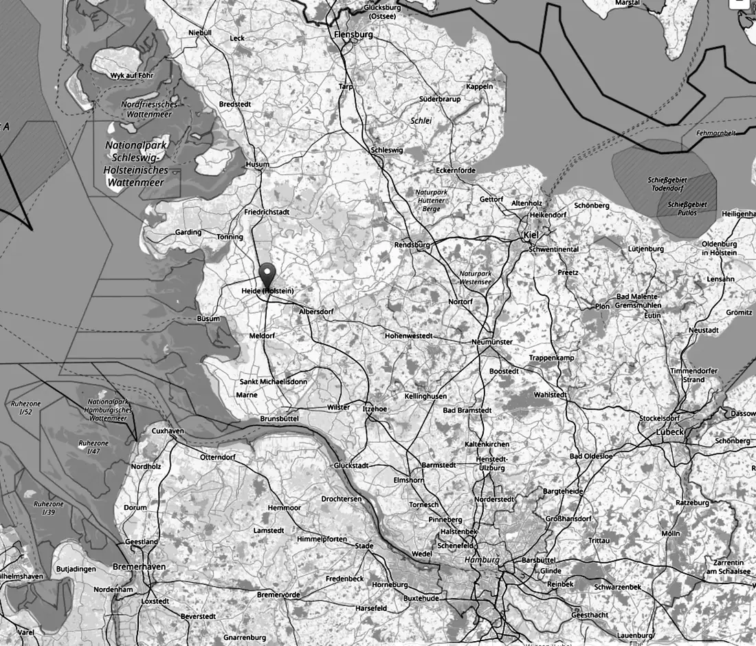 Karte von Dithmarschen mit Heide, Büsum, Meldorf und Brunsbüttel