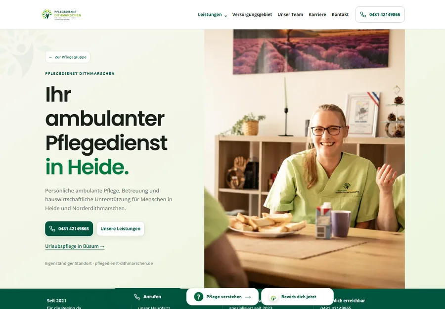 Website-Startseite des Pflegedienstes Dithmarschen