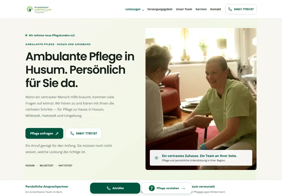 Website-Startseite des Pflegedienstes Nordfriesland